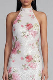 Sparkly White Pink Flower Bodycon Printed Floral Dress with Sequins