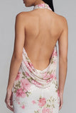 Sparkly White Pink Flower Bodycon Printed Floral Dress with Sequins