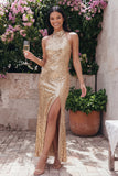 Sparkly Gold Bodycon Halter Neck Maxi Sequin Dress with Slit