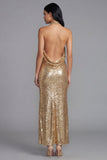 Sparkly Gold Bodycon Halter Neck Maxi Sequin Dress with Slit
