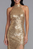 Sparkly Gold Bodycon Halter Neck Maxi Sequin Dress with Slit