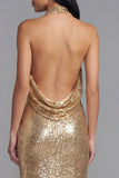 Sparkly Gold Bodycon Halter Neck Maxi Sequin Dress with Slit