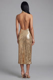 Sparkly Halter Neck Gold Bodycon Backless Midi Sequin Dress with Slit