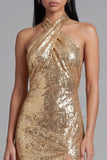 Sparkly Halter Neck Gold Bodycon Backless Midi Sequin Dress with Slit