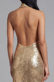 Sparkly Halter Neck Gold Bodycon Backless Midi Sequin Dress with Slit