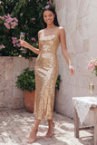 Sparkly Gold Bodycon Spaghetti Straps Midi Dress with Sequins