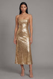 Sparkly Gold Bodycon Spaghetti Straps Midi Dress with Sequins