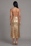 Sparkly Gold Bodycon Spaghetti Straps Midi Dress with Sequins