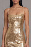 Sparkly Gold Bodycon Spaghetti Straps Midi Dress with Sequins