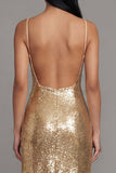 Sparkly Gold Bodycon Spaghetti Straps Midi Dress with Sequins