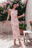 Sparkling Soirée Pink Sequin Rose Halter Midi Dress with Thigh Split