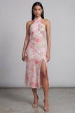 Sparkling Soirée Pink Sequin Rose Halter Midi Dress with Thigh Split