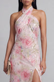 Sparkling Soirée Pink Sequin Rose Halter Midi Dress with Thigh Split