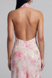 Sparkling Soirée Pink Sequin Rose Halter Midi Dress with Thigh Split