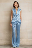 Satin Blue 2 Piece Single Breasted Peak Lapel Women Suits with Sleeveless