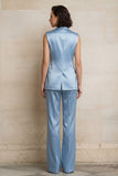Satin Blue 2 Piece Single Breasted Peak Lapel Women Suits with Sleeveless