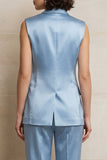Satin Blue 2 Piece Single Breasted Peak Lapel Women Suits with Sleeveless
