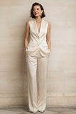 Satin Blue 2 Piece Single Breasted Peak Lapel Women Suits with Sleeveless