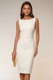 Ivory Bodycon Bateau Neck Midi Work Dress with Sleeveless