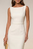 Ivory Bodycon Bateau Neck Midi Work Dress with Sleeveless