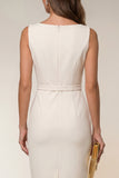 Ivory Bodycon Bateau Neck Midi Work Dress with Sleeveless