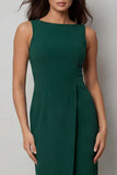 Bateau Neck Dark Green Bodycon Long Work Dress with Slit