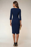 Cowl Neck Navy Bodycon 3/4 Sleeves Midi Work Dress with Slit