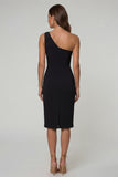 Black Bodycon One Shoulder Midi Work Dress with Slit