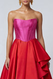 Fuchsia and Red Strapless A Line Corset Ruffled Midi Formal Dress