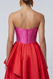 Fuchsia and Red Strapless A Line Corset Ruffled Midi Formal Dress