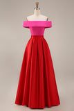 Fuchsia and Red A Line Off the Shoulder Color Block Midi Formal Dress