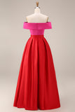 Fuchsia and Red A Line Off the Shoulder Color Block Midi Formal Dress
