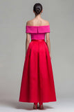 Off the Shoulder Fuchsia and Red A Line Color Block Midi Formal Dress