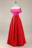 Fuchsia and Red A Line Off the Shoulder Color Block Midi Formal Dress