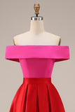Fuchsia and Red A Line Off the Shoulder Color Block Midi Formal Dress
