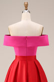 Fuchsia and Red A Line Off the Shoulder Color Block Midi Formal Dress