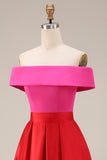 Fuchsia and Red A Line Off the Shoulder Color Block Midi Formal Dress
