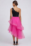 Fuchsia and Black One Shoulder Sequin Ruffled Formal Dress