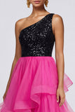 Fuchsia and Black One Shoulder Sequin Ruffled Formal Dress