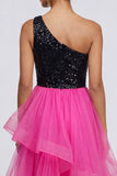 Fuchsia and Black One Shoulder Sequin Ruffled Formal Dress