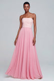 Pink Strapless A Line Ruched Long Formal Dress