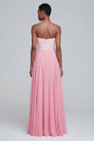 Pink Strapless A Line Ruched Long Formal Dress