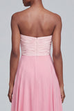 Pink Strapless A Line Ruched Long Formal Dress