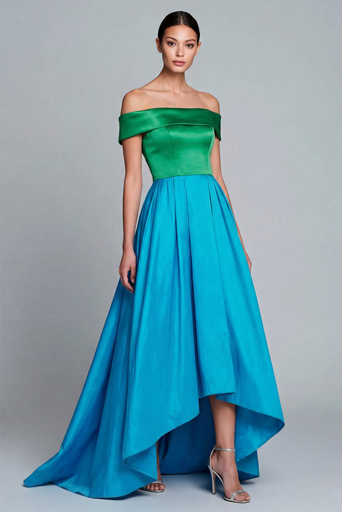 Zapaka Women Green and Blue Formal Dress Off the Shoulder A Line Satin