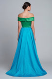 Off the Shoulder Green and Blue A Line Satin Asymmetrical Formal Dress