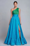 One Shoulder Green and Blue A Line Long Formal Dress with Slit
