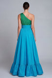 One Shoulder Green and Blue A Line Long Formal Dress with Slit