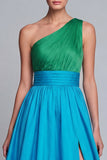 One Shoulder Green and Blue A Line Long Formal Dress with Slit