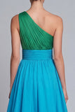 One Shoulder Green and Blue A Line Long Formal Dress with Slit