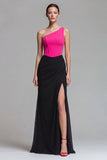 Fuchsia and Black One Shoulder Corset Mermaid Long Formal Dress with Slit